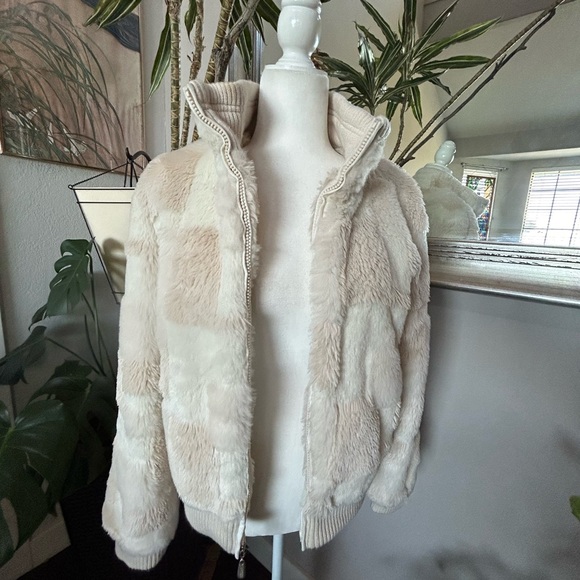 Vintage 90s ESPRIT Checkered Faux Fur Coat Bomber Jacket Mob Wife Size Medium - Picture 6 of 10